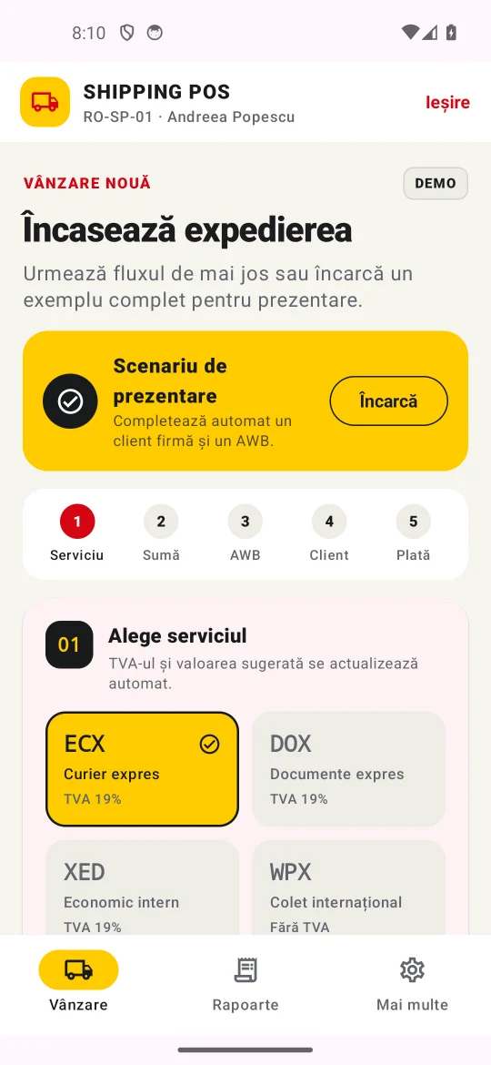 Ecranul complet pentru o vânzare nouă în aplicația Shipping POS