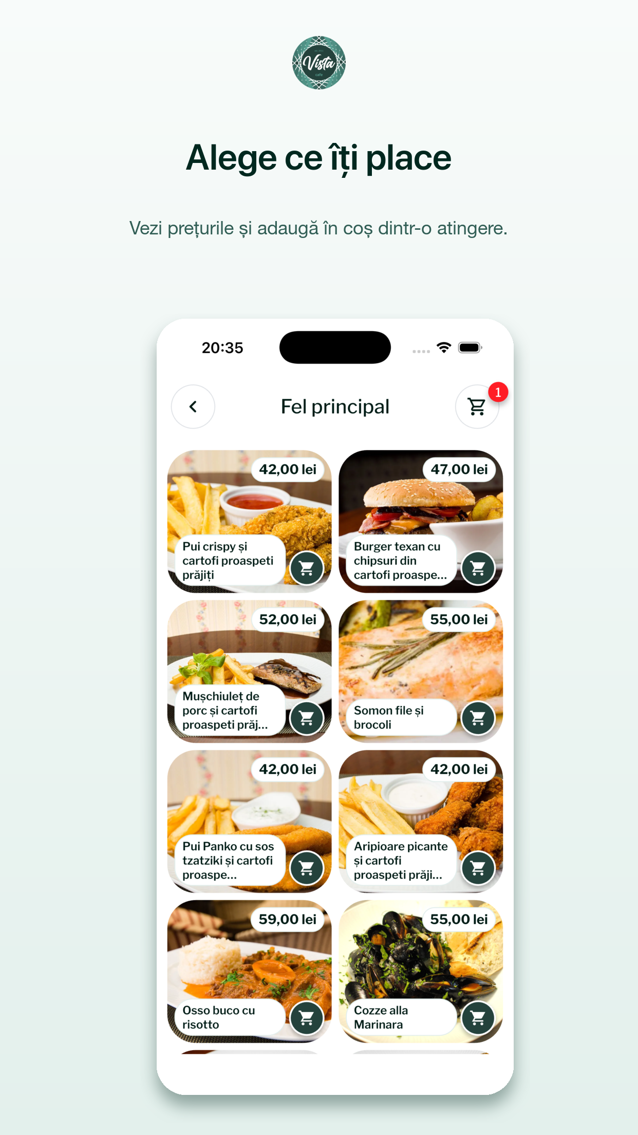 Produse și prețuri în aplicația Vista Cafe