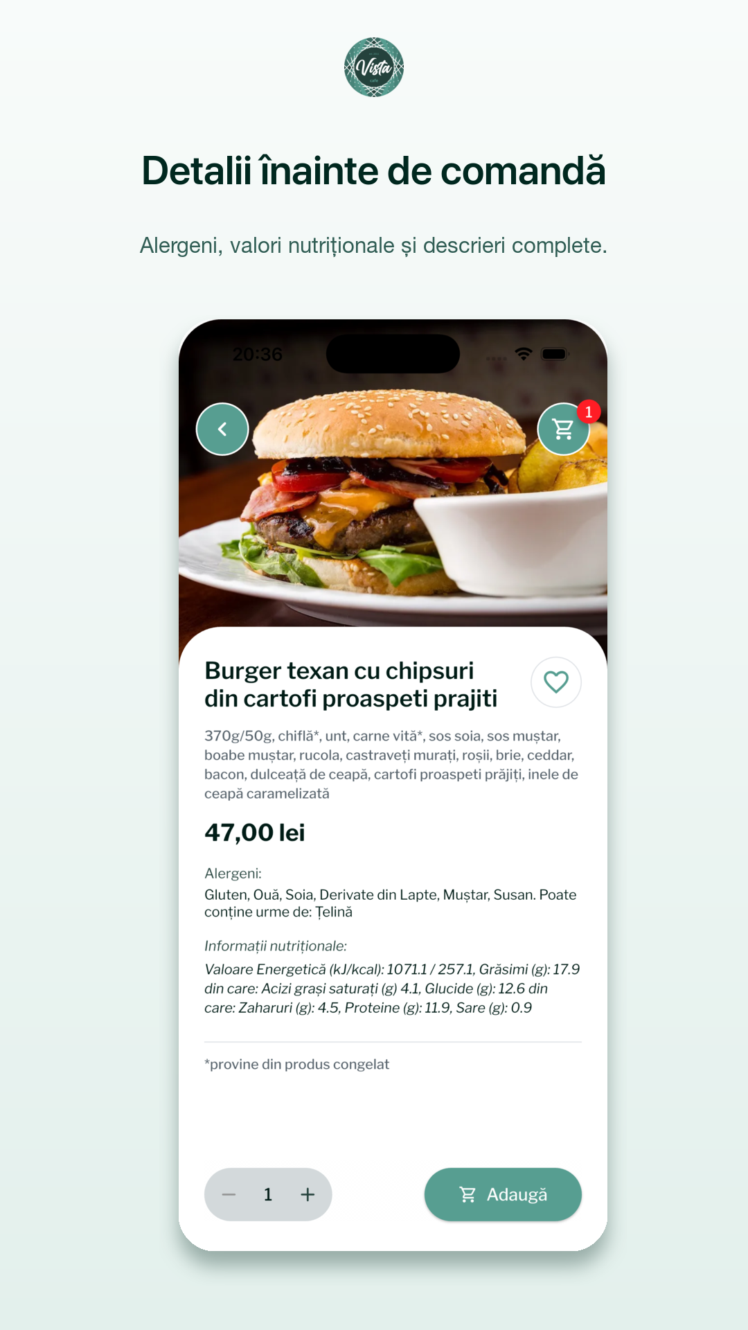 Detalii, alergeni și informații nutriționale în aplicația Vista Cafe